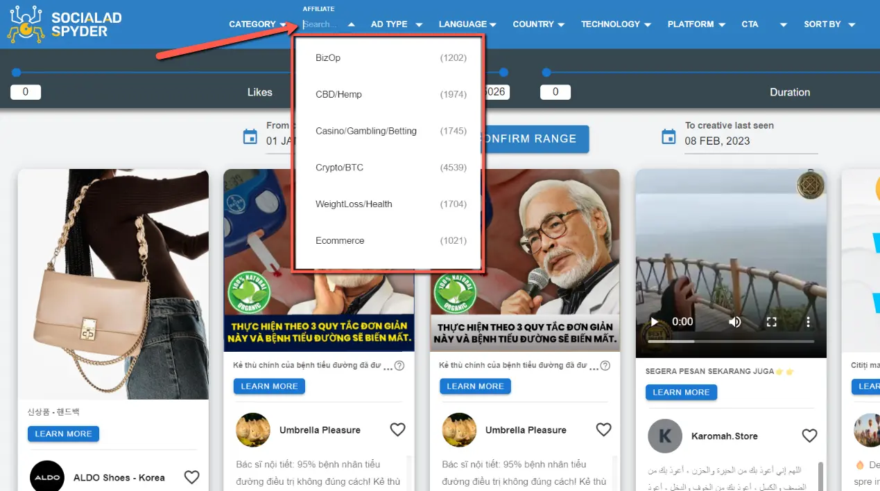 affiliate filter on SocialAdSpyder