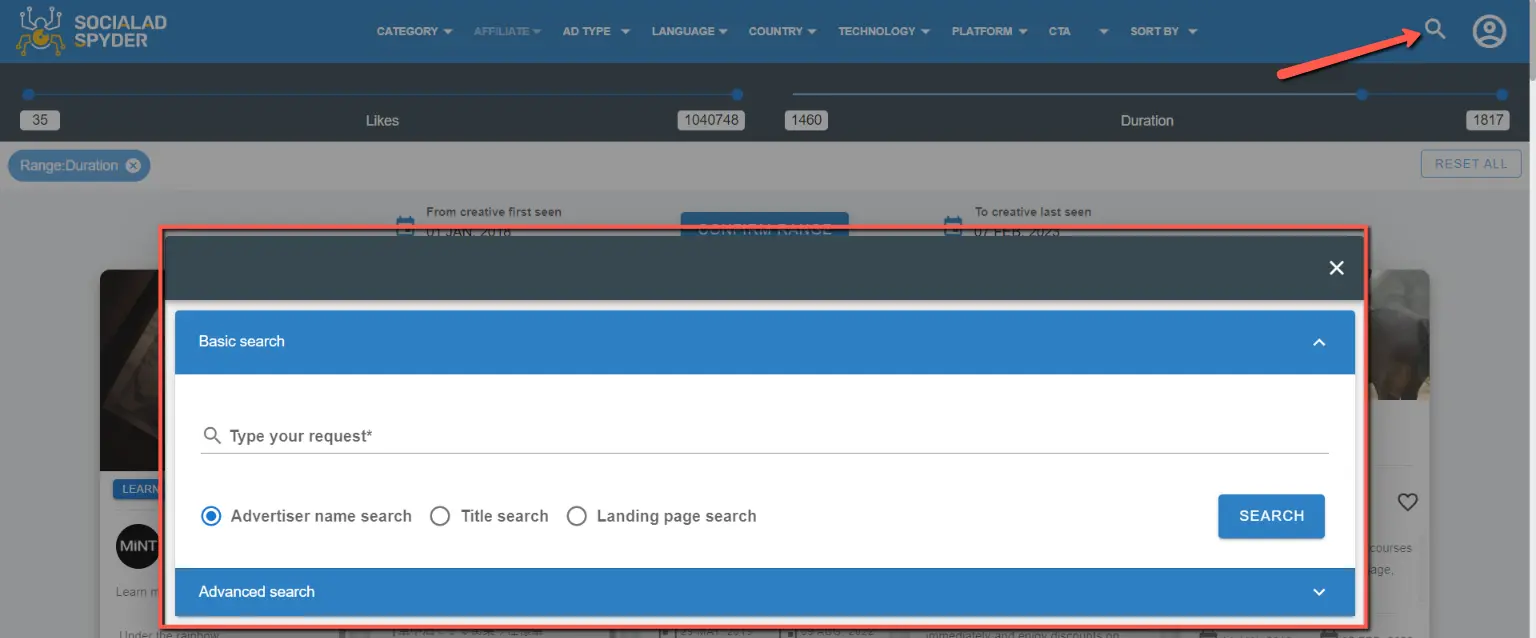 basic search socialadspyder review