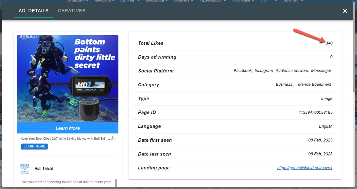 checking total ad likes on socialadspyder
