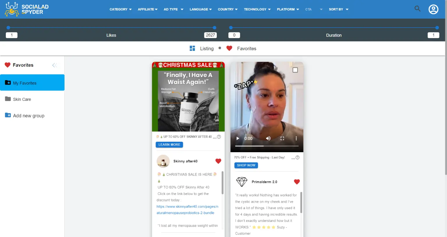 manage ad favorites on socialadspyder